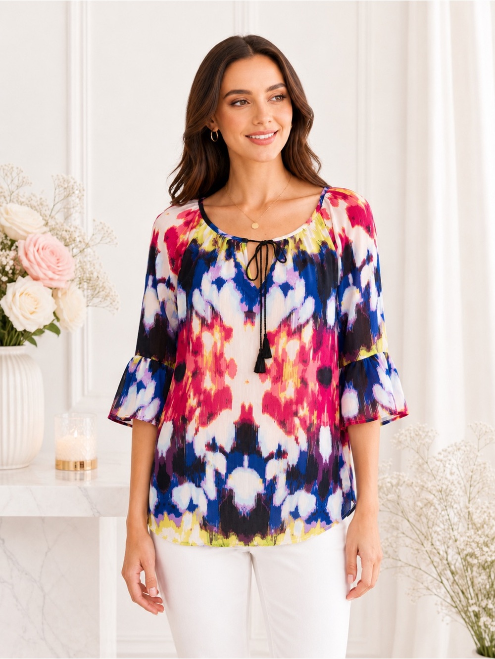 Milly for Designation Tie Dye Boho Blouse Bell Sleeve Peasant Top NWT S